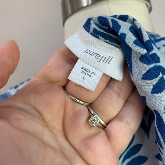 J. Jill Pure Blue Boho Print 100% Modal Rayon Front Neck Tie Blouse Sz L - Picture 7 of 7